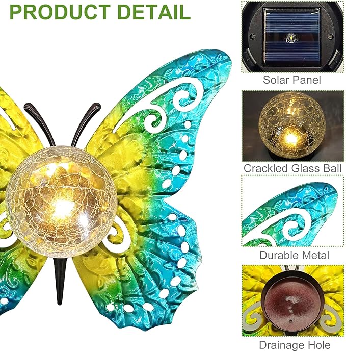 Solar Lights Outdoor Garden Butterfly Decor Metal Butterfly Statue Decoration with LED Crackle Glass Globe Solar Powered Lighted Garden Art Decor for Patio Lawn Yard Pathway Tabletop Ground