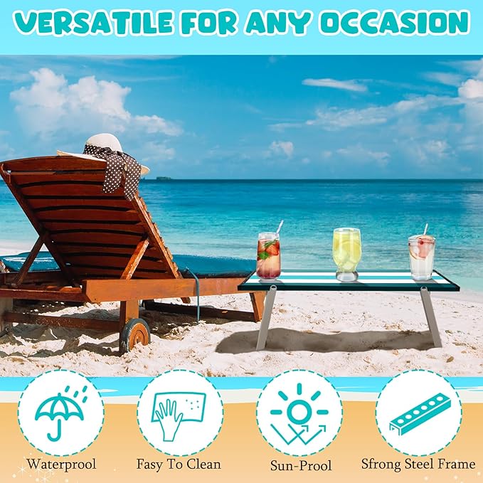 Beach Table Folding Camping Portable Table Striped White Aluminum Side with Carry Bag for Camping Picnics and Outdoor Activities(16x11x5 inCyan Green)