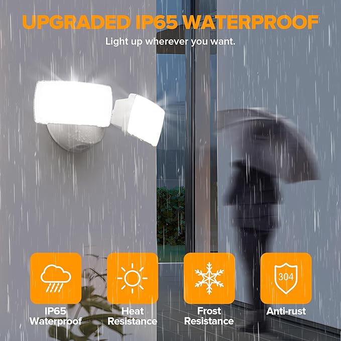LUTEC 32W 3500LM Integrated Dual-Head LED Flood Light OutdoorSwitch Controlled LED Security Light5000K Wall Mount Exterior Flood LightP65 Waterproof for Garage Yard Patio-White