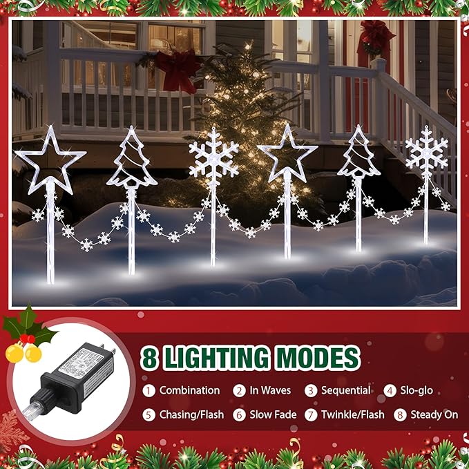 12 Pack Outdoor Snowflake Walkway Lights Plug in Christmas Pathway Lights 8 Modes Xmas Waterproof LED Garden Stake Light for Walkway Porch Yard Lawn (Cool White)