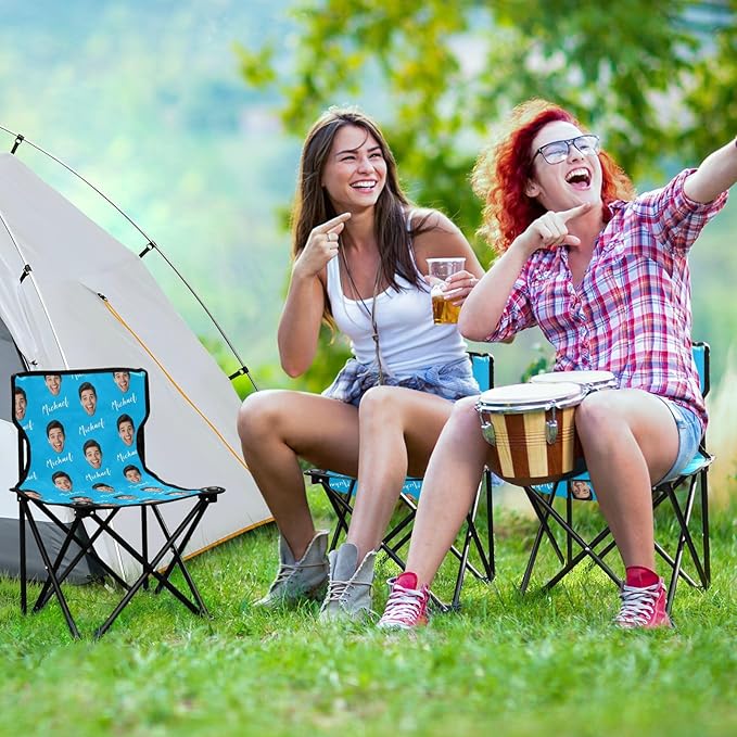 Sinestour Sky Blue Custom Photo Folding Camping Chair for Teen Child Personalized Name 14.6×14.6in Portable Outdoor Chair with Carry Bag for Beach Picnic Barbeques