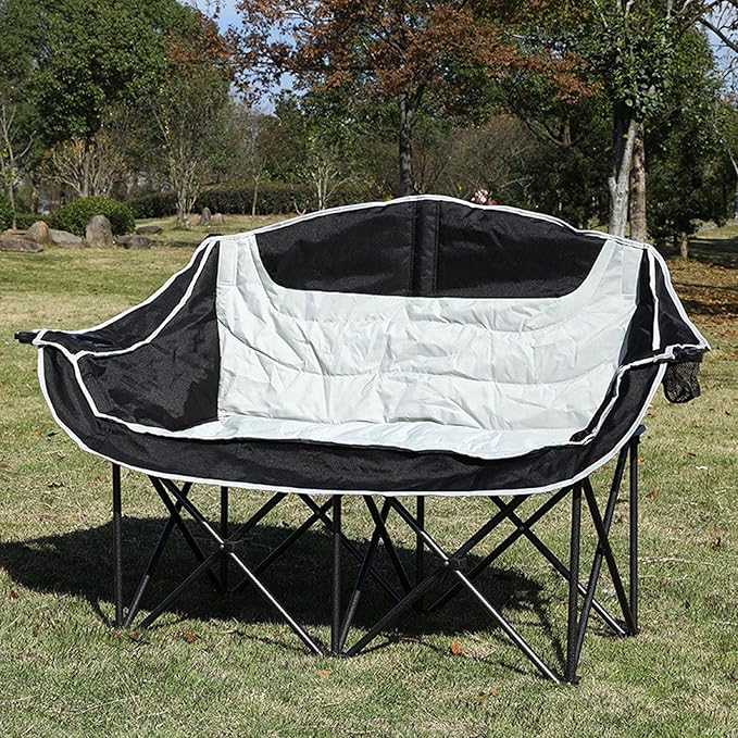 Two-Person Black and White Leisure Camping Outdoor Folding Chairs Portable and Foldable Beach Camping Chair Lightweight Grassland Outdoor Lounge Chairs