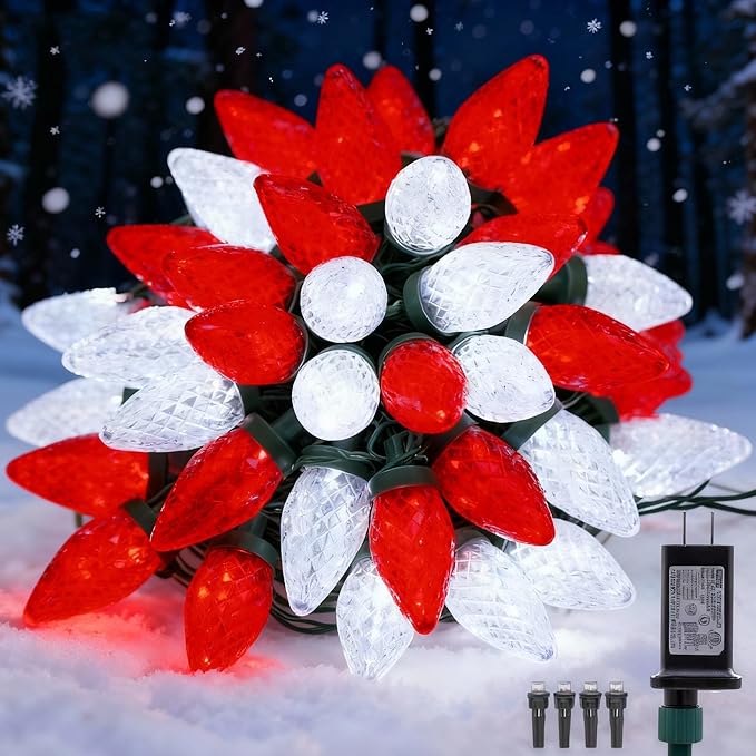 C9 LED Christmas Lights Outdoor33 Feet 50 LED 8 Lighting Modes Waterproof Connectable Christmas String Lights for Outside Roofline Patio Home Xmas Decorations (Red &amp White)