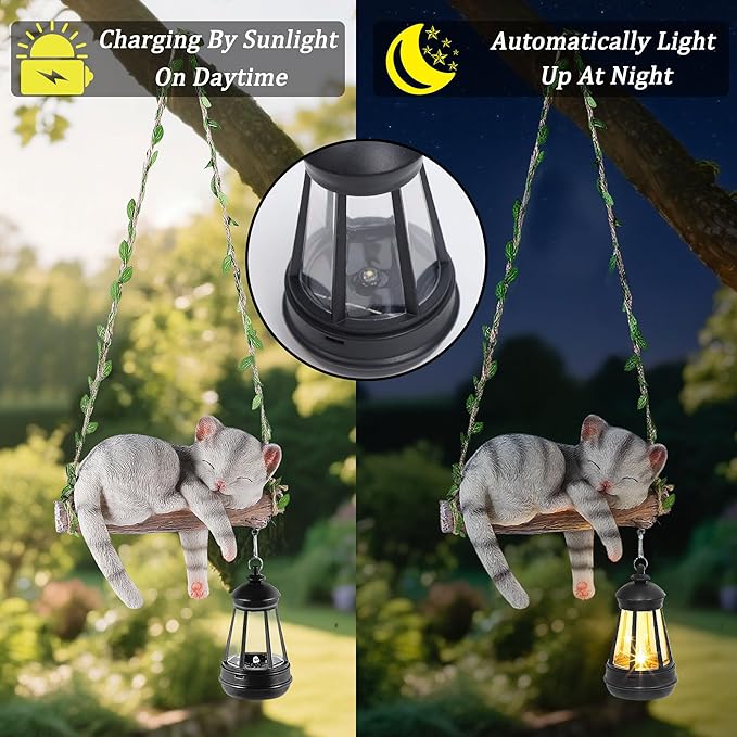 Solar Lighted Garden Outdoor Statue 22.6 H Hanging Swing Lying with A Sleeping Cat and A LED Lantern Resin Animal Figurine Hanging Ornaments with Hook for Decoration &amp Gift