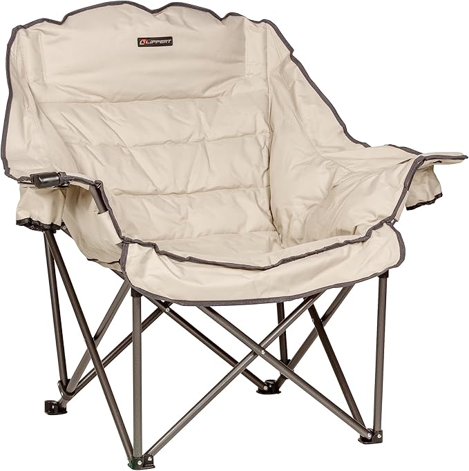 Lippert Big Bear Club Camping Chair - Sand Comfortable Foldable Chair Oversized Pillow Cushions Dual Cupholders Powder Coated Steel 600D Polyester Fabric 400 lb. Capacity 2022114813