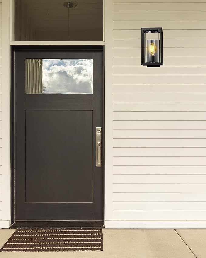 Beionxii Dusk to Dawn Outdoor Wall Lights Modern Exterior Wall Sconces Porch Lantern Black Cast Aluminum w/Clear Cylinder Glass - A291W-2PK