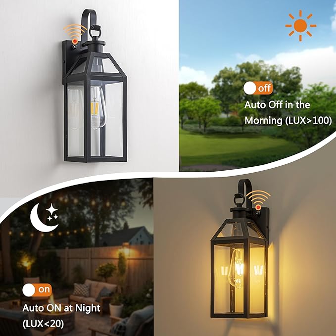 16 Dusk to Dawn Outdoor Wall Light with Sensor - Waterproof Exterior Wall Sconce for Porch Patio Garage Front Door Balcony Entry Modern Hardwired Lantern in Black Metal &amp Glass E26 - 2 Pack
