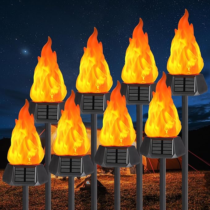 Toodour Solar Outdoor Torch Lights with Flickering Flame Solar Pathway Decorative Lights Waterproof LED Flame Torches for Outdoor Camping Garden Landscape Patio Path Yard Decorations - 8 Pack