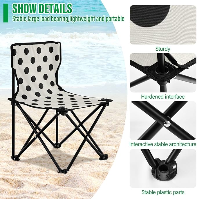 Trendy Polka Dot Black Beige Foldable Camp Chair Ultralight Foldable Chairs Indoor with Carrying Bag