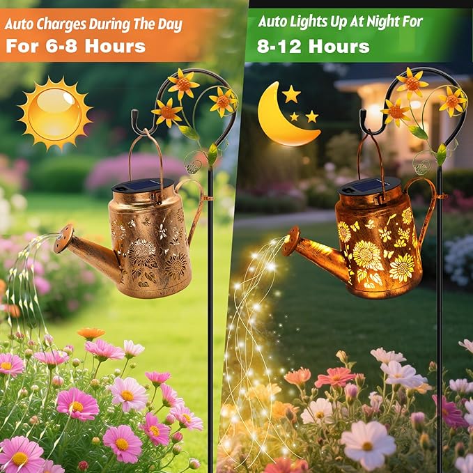 VOOKRY 2 Pack Sunflower Metal Solar Watering Can Lights Solar Lights Outdoor Waterproof Birthday Gifts for Women Mom Grandma Hanging Lanterns Decorative Garden Decor for Outside Yard Patio Lawn