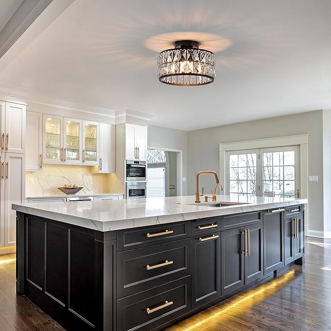 Crystal Ceiling Light Modern Flush Mount Ceiling Light Black Crystal Chandelier for Kitchen Bedroom Bathroom Entryway Hallway 1 Light