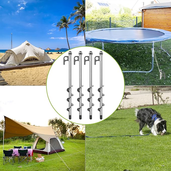 4 Pack Tent Stakes 12 Inch Heavy Duty Ground Anchors Fully Welded Spiral Earth Anchors for Camping Tents Trampolines Sheds Swing Sets Securing Animals