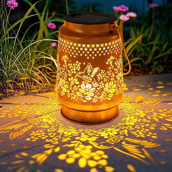 2 Pack Solar Lanterns Outdoor Hummingbird Garden Decor Gifts for Mom Women Grandma Birthday Waterproof Metal Hanging Solar Lights with Shepherd Hook LED Decorative Outside for Yard Patio Lawn Porch