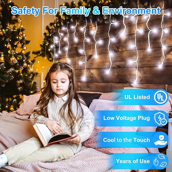 504LED 50ft Christmas Lights 112Drops 12 Modes Cool White Christmas String Lights Outdoor Dimmable Waterproof Christmas Decoration Fairy Lights with Timer for Indoor Eaves Party Patio Window Fence