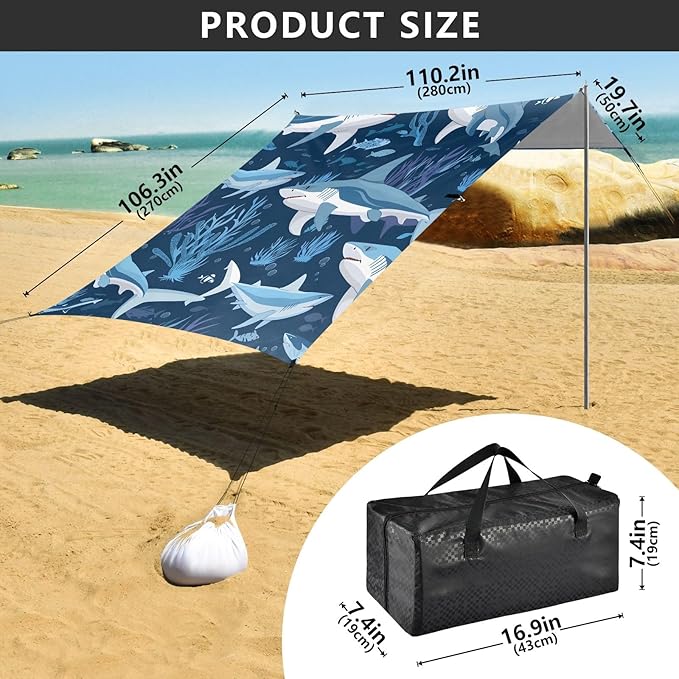Sharks Camping Sun Shelter Beach Tent Portable Beach Sun Shade Outdoor Canopy for Camping Trips Fishing Picnic