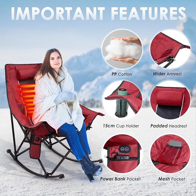 Suteck Heated Rocking Camping Chair XL Oversized Rocking Chair Outdoor with 3 Heat Levels for Back and Seat Heated Chairs Outdoor Sports W/20000mAh Power Bank for Patio Lawn Picnic Travel