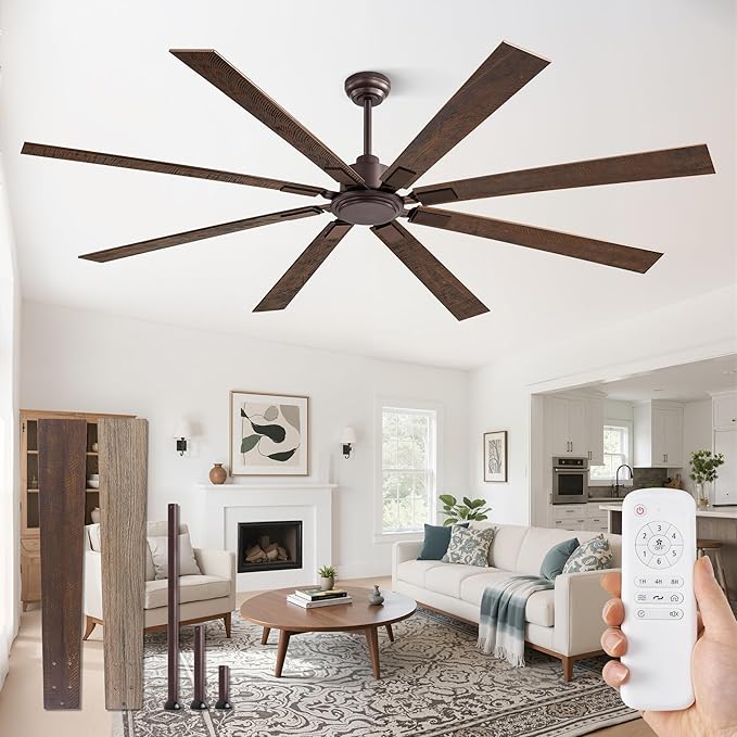ZMISHIBO 80 Inch Ceiling Fan No Light with Remote Control 8 Blades Quiet DC Reversible Motor 6-Speed Timer Oil Rubbed Bronze Finish Indoor Outdoor Ceiling Fans for Patios Living Room Garage