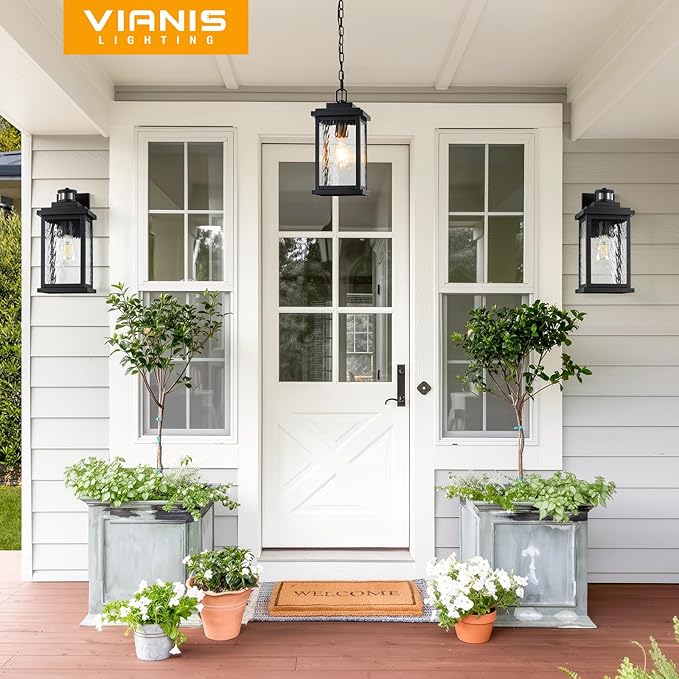 VIANIS Large Anti-Rust Outdoor Chandelier with Adjustable Wire Black Pendant Light with Water Glass for Porch GardenGarage Easy-to-Install Outdoor Hanging Lantern Suiting for Sloped Ceiling