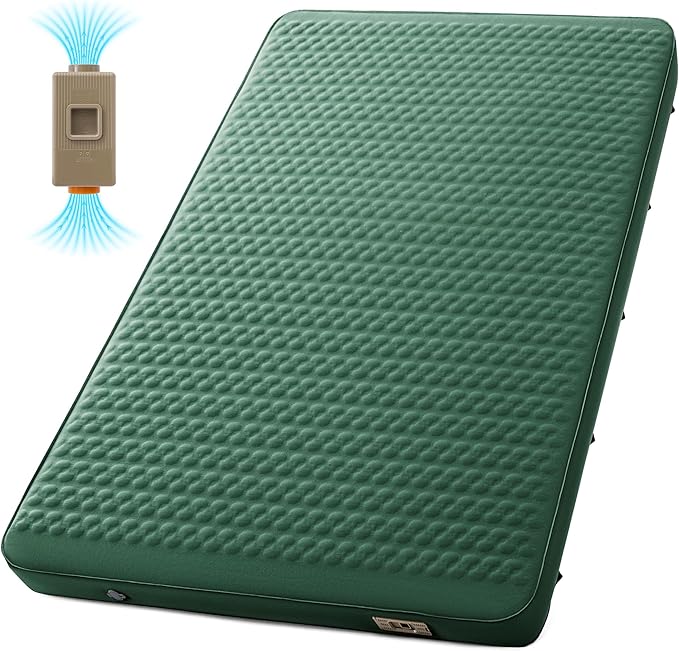 Self Inflating Double Sleeping Pad for Camping with Electric Pump 4 Inch Ultra Thick Memory Foam 2 Person Inflatable Sleeping Pad All Season Full Size Portable Camping Mattress for TravelTent (Green)