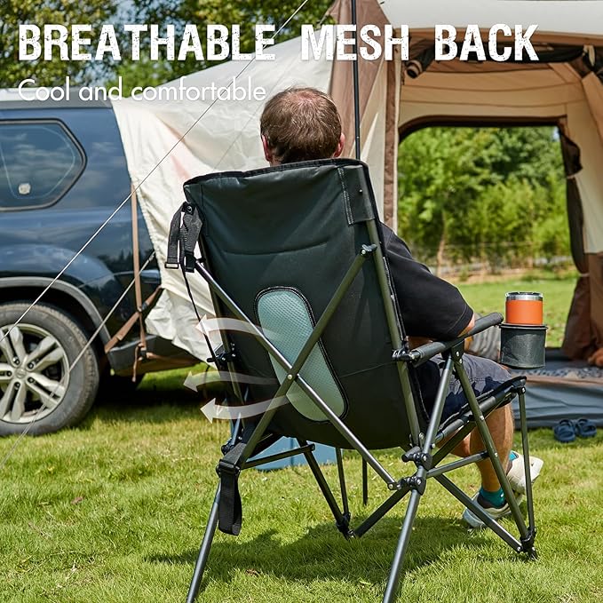 PORTAL Oversized Folding Camping Chair High Back Portable Lawn Chairs for Adults Outdoor Sports with Hard Armrest Cup HolderSupports 400LBS Black