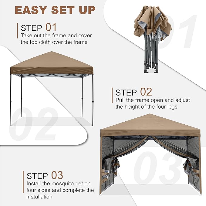MASTERCANOPY Pop-Up Quick Setup Outdoor Canopy with Netting Screen Walls (10x10 Khaki)