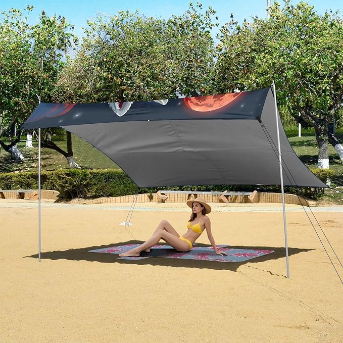ALAZA Wolf Red Moon Starry Sky Beach Tent Sun Shelter UPF50+ Protection Beach Shade Canopy w/ 4 Sandbags for Outdoor Camping Fishing Backyard Fun Picnic 10x9 ft