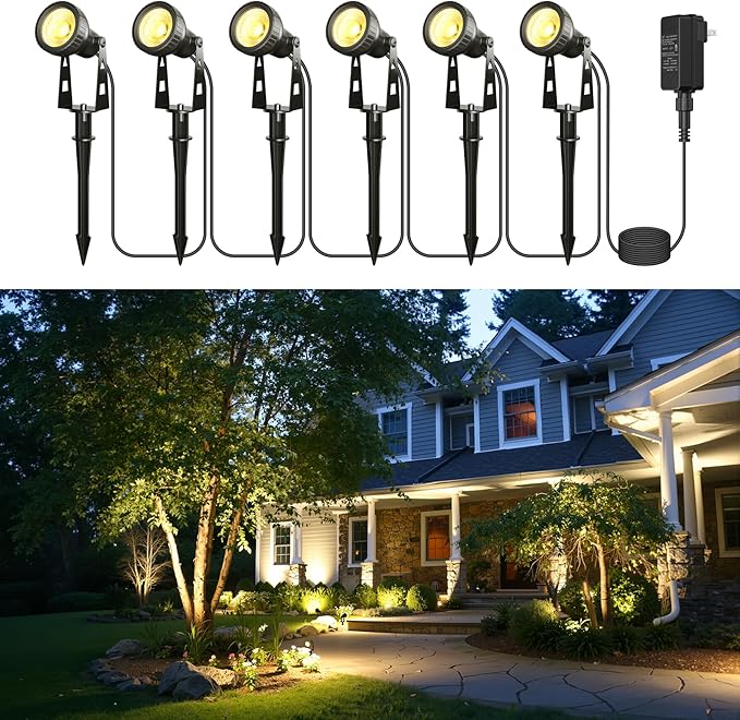 Outdoor Landscape Lighting 6-Pack Outdoor Spot Lights with Transformer Plug in LED Spot Lights for Garden Yard Backyard Plants Lawn Trees House Flags IP65 Waterproof – Warm White