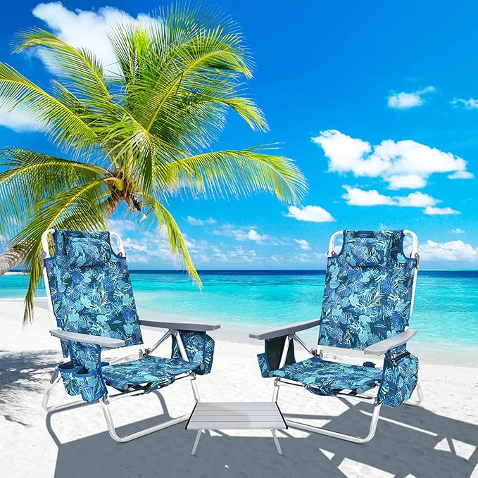 COSTWAY Backpack Beach Chairs Set 3-Piece Portable Camping Chairs with Cup Holder Ice Bag 5-Position Outdoor Reclining Chairs for Adults Travel Sunbathing Support 300 LBS Navy