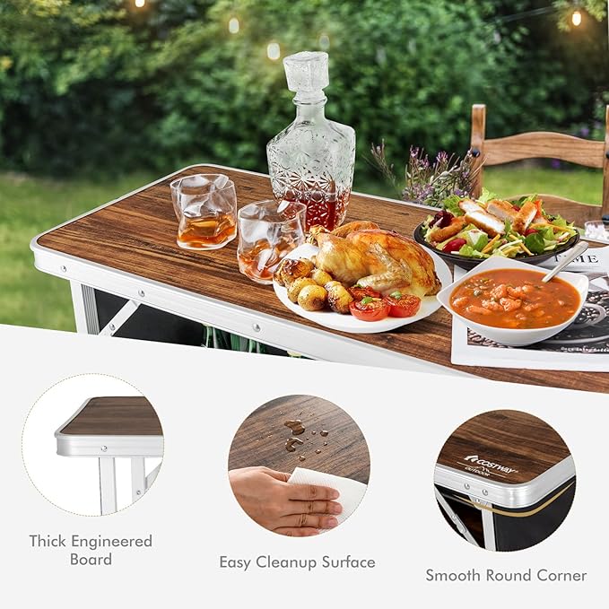 COSTWAY Folding Picnic Table Portable Camping Table with Carry Bag Lightweight Aluminum Food Prep Station with 2 Shelves Quick Set-up BBQ Party Backyard