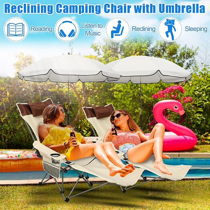 Karenhi 2 Set Beach Camping Chair with Umbrella for Adult Folding Reclining Camping Chair with Foot Rest Adjustable Clamp Canopy Shade for Outdoor Patio Travel Beach (Beige)