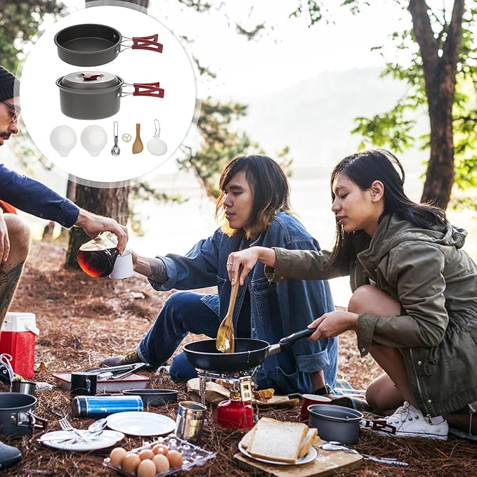 Yardwe Camping Cookware Set for 1-2 People Red Portable Outdoor Aluminum Pot Pan Bowl Combo Lightweight Hiking Picnic Cook Set for Camping and Travel