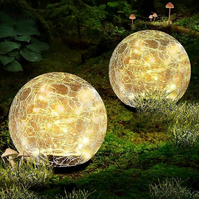 Coroor Garden Solar Ball Lights Outdoor Waterproof 50 LED Cracked Glass Globe Solar Power Ground Lights for Path Yard Patio Lawn Christmas Decoration Landscape Warm White(2 Pack 4.7'')