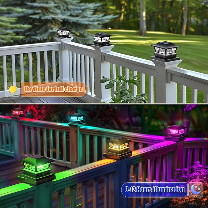 Viewsun Solar Post Lights Outdoor Waterproof RGB Color Changing Modes Fence Post Cap Lights Deck Post Lights Solar Powered for 4x4 5x5 6x6 Wooden or Vinyl Yard Garden Patio Decor Black(8 Pack)