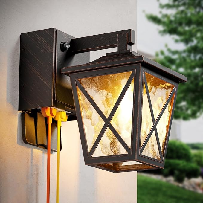 Ehaho Porch Lights with Outlet Dusk to Dawn Outdoor Light with Outlet Built-in Waterproof Anti-Rust Lantern Outside Light with GFCI Outlet Wall Sconce Light with Plug for Front Door (Bronze 1 PC)