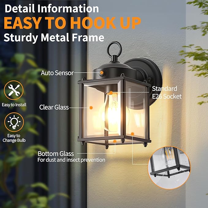 Dawn to Dusk Sensor Outdoor Wall Light Fixtures Waterproof Black Exterior Lighting Fixture Anti-Rust Outdoor Wall Lantern for Porch Patio Front Door Garage House -2 Pack