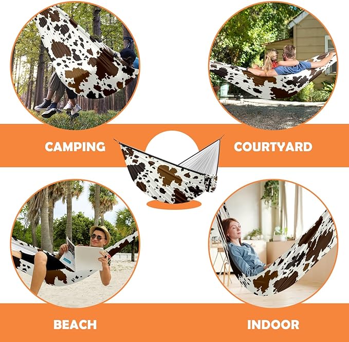Outdoor Hammock for Camping Western Brown Cow Print Double Single Hammocks with 2 Tree Straps Lightweight Portable Heavy Duty Nylon Hammocks for Backpacking Travel Beach Backyard Patio Hiking