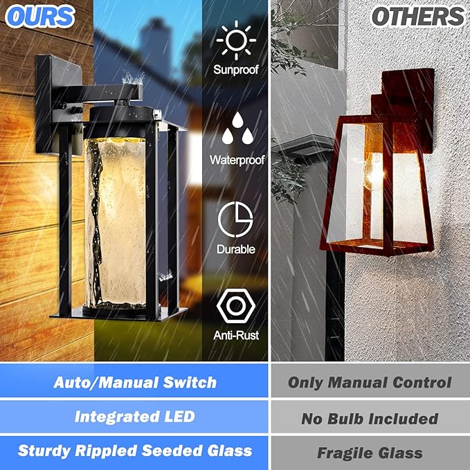 LED Dusk to Dawn Outdoor Light Fixtures - 2 Packs Modern Porch Lighting with Attractive Glass 13W 3000K LED Exterior Sconce Wall Mount with Photocell Sensor for House Front Garage Door Waterproof