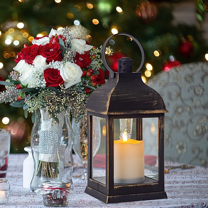 Vintage Lantern Decorative LED Flickering Flameless Candle with Timer Battery Powered LED Decorative Hanging Golden Brushed Black Lanterns for Indoor Outdoor Garden Yard Home Decor(2 Pack)