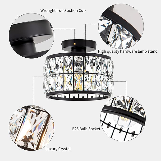 Crystal Ceiling Light Fixture Modern Semi Flush Mount Ceiling LightCrystal Chandelier for Kitchen Bedroom Bathroom Entryway Black Finish