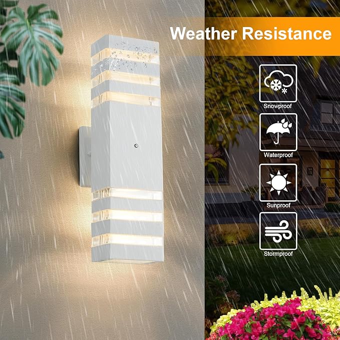Dusk to Dawn Outdoor Wall Lights 2 Pack White Front Porch Light Fixture Anti-Rust Black LED Up and Down Outdoor Lights for House Hallway Garage Entryway