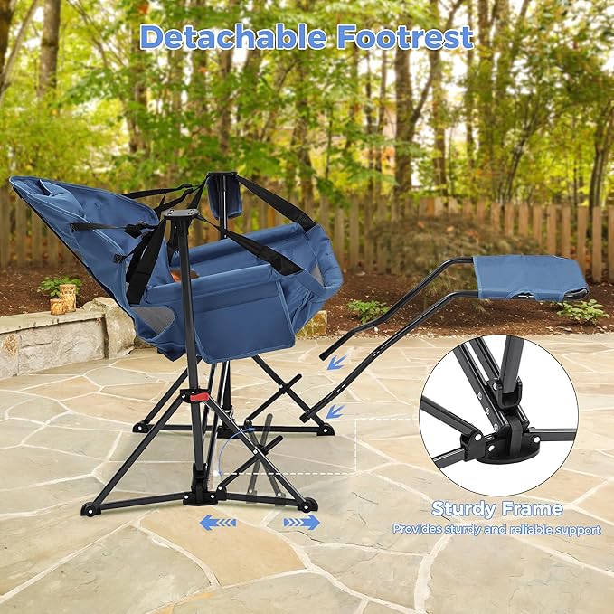Ainfox Hammock Camping Chair with Footrest Foldable Portable Rocking Chairs for Adults Outside Swinging Camp with Cup Holder Pillow for Outdoor Patio Poolside (Dark Blue)
