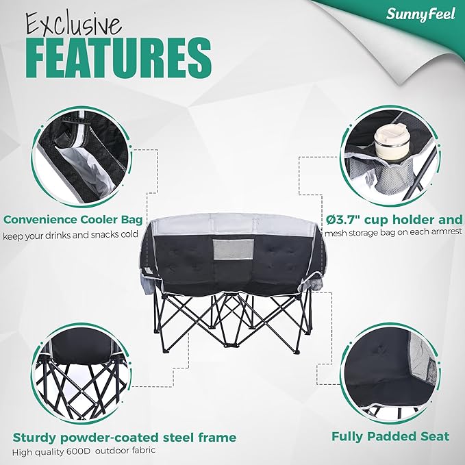 SUNNYFEEL Folding Double Camping Chair Oversized Loveseat Chair Heavy Duty Portable/Foldable Lawn Chair with Storage/Cooler for Outside/Outdoor/Travel/Picnic Fold Up Camp Chairs for Adults 2 People