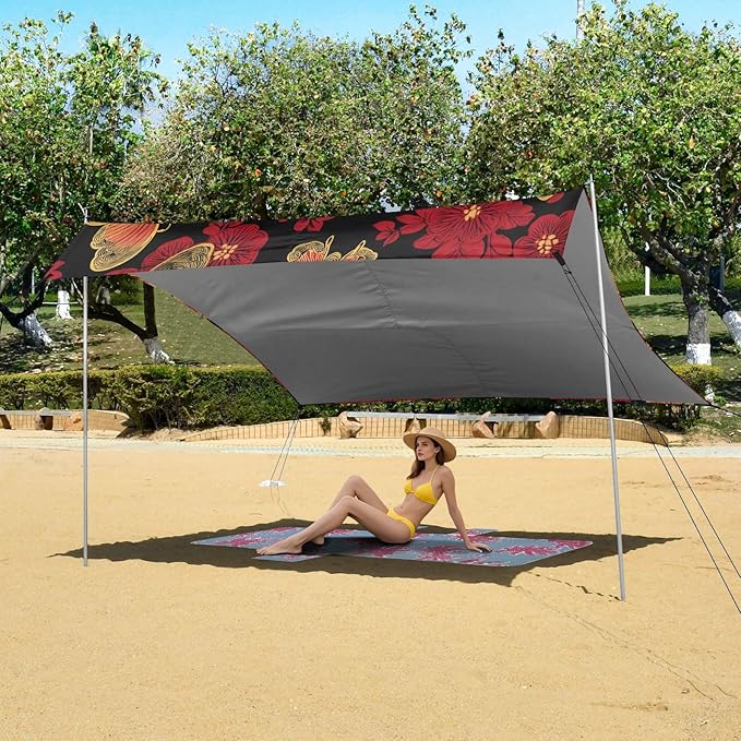 ALAZA Red Cherry Blossom Butterfly Beach Tent Sun Shelter UPF50+ Protection Beach Shade Canopy w/ 4 Sandbags for Outdoor Camping Fishing Backyard Fun Picnic 10x9 ft