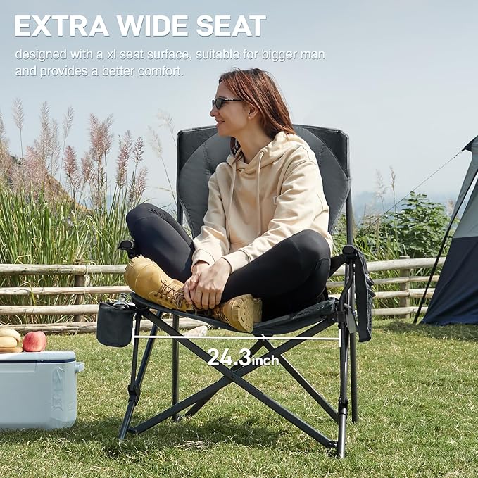 EVER ADVANCED Oversized Folding Camping Chair for Adults with Adjustable Lumbar Support Heavy Duty Chair with Side Pockets Portable Collapsible Quad Chair for Outside