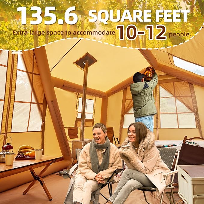EROMMY 4/6/8/12 Person Inflatable Tent with Skylight 4 Season Blow Up Tents with Hand Pump for Outdoor Camping &amp Hiking Easy Set-up Windproof Sunproof Waterproof