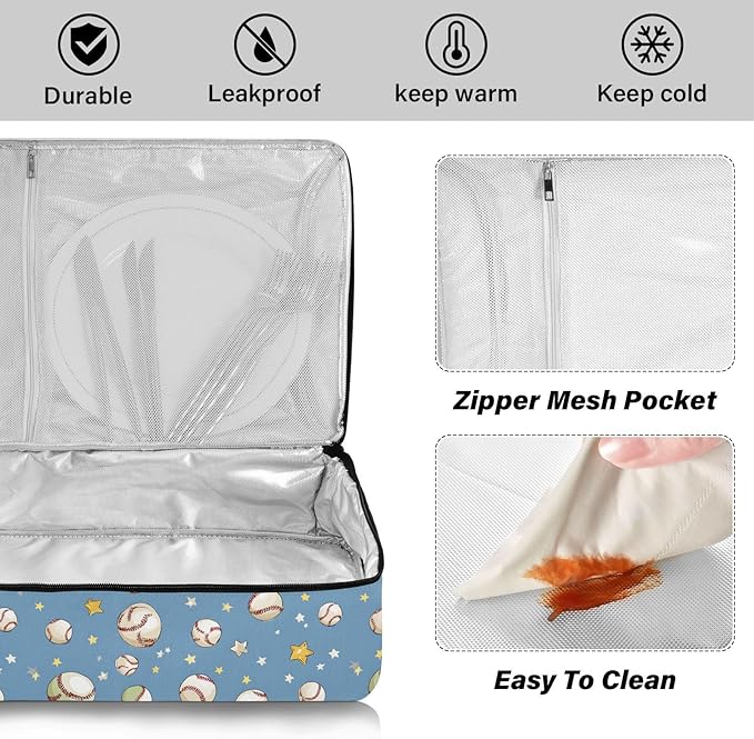 Casserole Carrier Baseballs and Stars PatternInsulated Casserole Carrier for Hot or Cold Food Thermal Lunch Tote for Potluck Parties Picnic Beach Fits 9 x 13 Inches Baking Dish