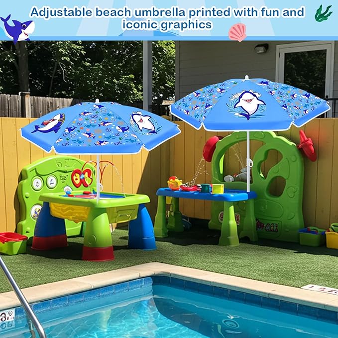Sweetude Water Table Umbrella (Table Not Included) Kids Seaside Beach Umbrella Picnic Canopy for Summer Toddlers Sand Beach Camping Garden Outdoor Pool Shade Party Supply(Shark Theme)
