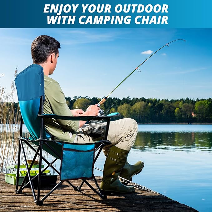 2PCS SAILARY Folding Outdoor Beach Camp Chair with Cup Holder Storage Pocket Waterproof Bag Outdoor Arm Chair Supports 225LBS Blue