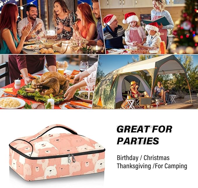 Casserole Carrier Pattern Cute Cartoon BearInsulated Casserole Carrier for Hot or Cold Food Thermal Lunch Tote for Potluck Parties Picnic Beach Fits 9 x 13 Inches Baking Dish