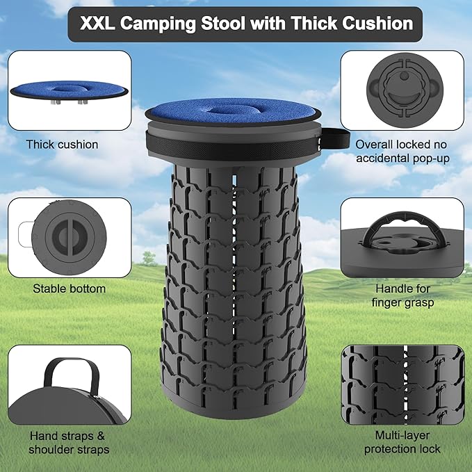 ALEVMOOM Upgraded XXL 19.7 Collapsible Stool with Cushion Heavy Duty Portable Folding Stool Max Load 1000 lbs Retractable Telescoping Foldable Seat Chair for Camping Fishing Travel